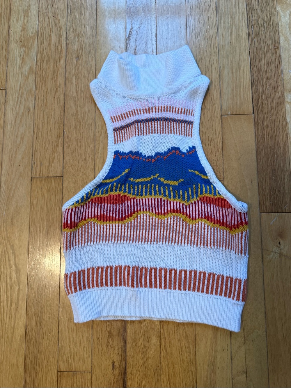Anthropologie White Knit Tank with Blue, Red & Yellow Wave Stripes